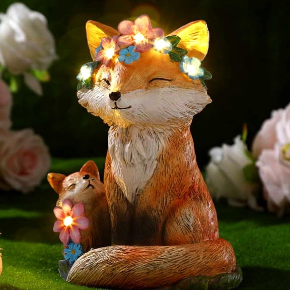 Resin Fox Statue Solar Powered Garden Decor Mother and Baby Fox 7.87x5.51 Inches