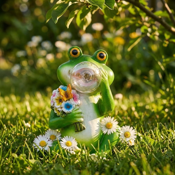 Resin Frog with Flower Solar Light, Waterproof Decorative Ornament for Outdoor Courtyards, Frog Holding Flower Solar Light for Garden Patio, Resin Frog Solar Light for Outdoor Decor