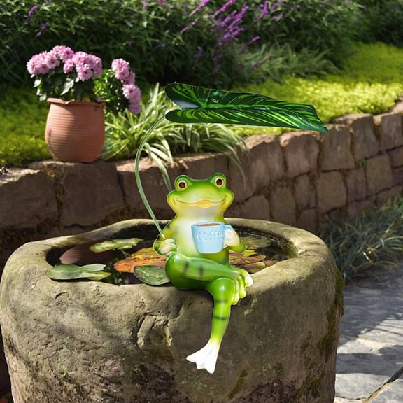Resin Frog Garden Statue with Leaf Umbrella - Outdoor Decor for Porch, Patio, Flower Bed - Cute Garden Ornament, Weatherproof Decoration for Balcony, Pond, Table - Unique Gift for Gardeners