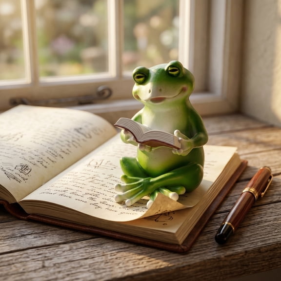 Resin Frog Reading Book Statue, Whimsical Garden Decor Figurine, Cute Green Frog Sculpture for Indoor Outdoor Yard Patio Lawn, Unique Home Decor Gift for Book Lovers