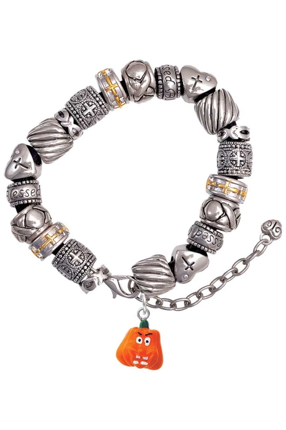 Resin Funny Boo! Pumpkin Silver Tone Christian Bead Bracelet