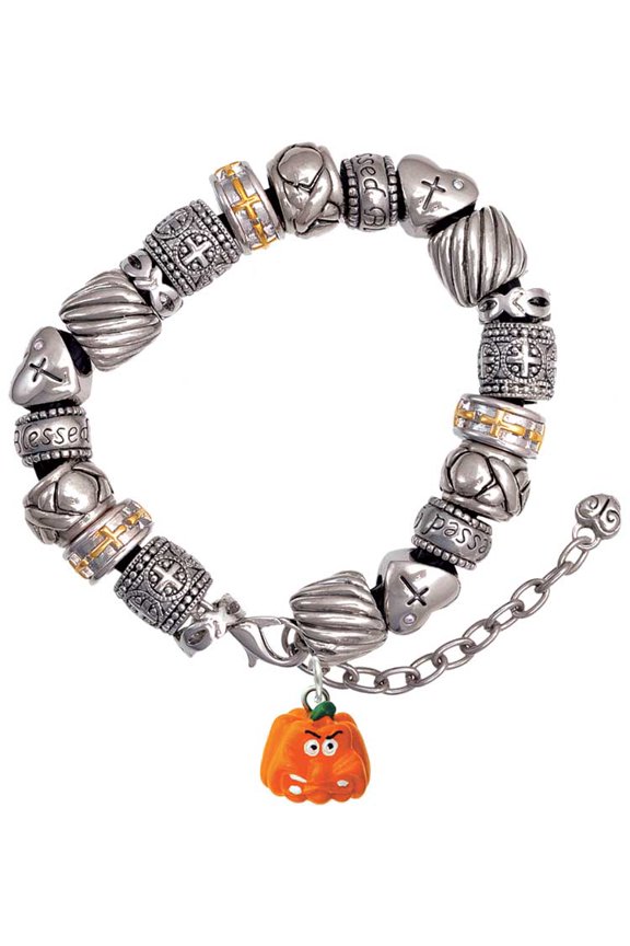 Resin Funny Grr! Pumpkin Silver Tone Christian Bead Bracelet
