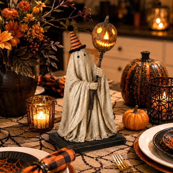 Resin Ghost Figurine with Pumpkin Lantern LED Glowing Statue Handcrafted Floating Fabric Design for Halloween Night Light, 7 Inch