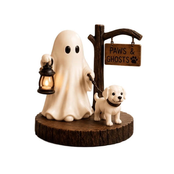 Resin Ghost Night Light with Cute Dog Figurine and Warm LED Lantern, Halloween Home Decor Spooky Tabletop Accessory for Living Room Shelf, Unique Halloween Gifts for Dog Lovers