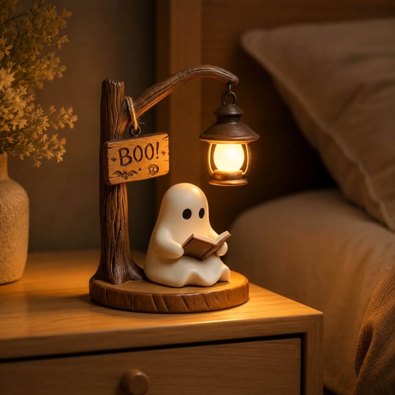 Resin Ghost Reading Night Light Ornament, Cute Halloween Decorative Statue with LED Lantern, Distressed Hand-Painted Ghost Figurine for Bedroom, Bookshelf, or Study Decor (15 x 10.5 x 11.5 cm)