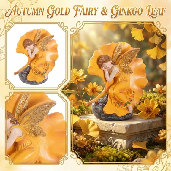 Resin Ginkgo Leaf Fairy Figurine, Flower Fairy Angel Statue, Mini Fairy Garden Decor for Home Desk Shelf Decoration Gift