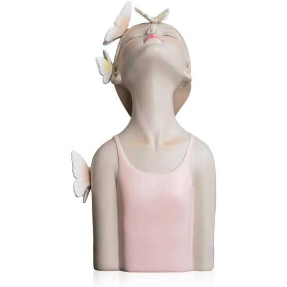 Resin Girl Bust Sculpture with Butterflies, Modern Home Decor Statue, Pink, for Room Decor, Luxury Wedding Gift