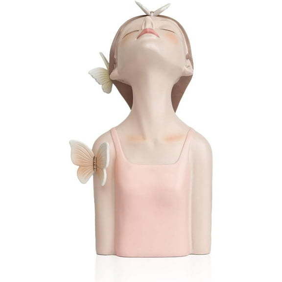 Resin Girl Bust Sculpture with Butterflies, Modern Home Decor Statue, Pink, for Room Decor, Luxury Wedding Gift
