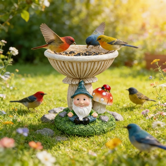 Resin Gnome Garden Bird Feeder Statue, Gnome Decorative Bird Bath Bowl, Outdoor Wild Bird Feeding Station, for Yard, Lawn, Patio Landscape Decor