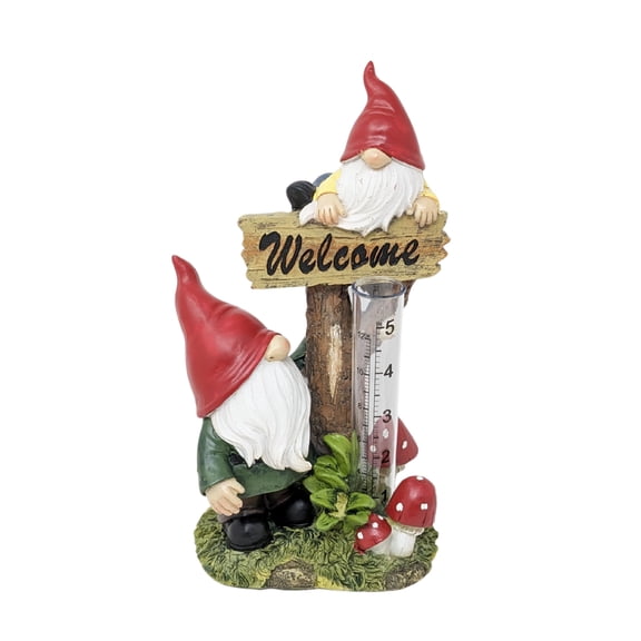 Resin Gnome Rain Gauge with Welcome Sign Outdoor Garden Statue with Glass Measuring Tube Rustic Farmhouse Woodland Decor for Yard Thoughtful Gift for Gardeners