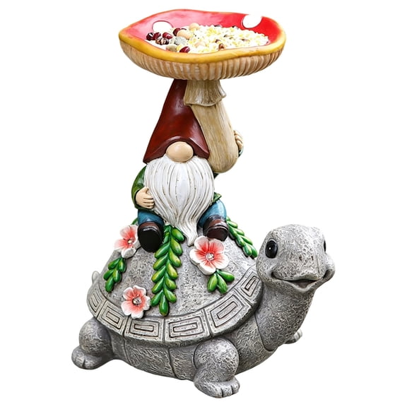Resin Gnome Turtle Bird Feeder Statue, Hand-Painted Weatherproof Whimsical Outdoor Decor, Durable Ornament with Mushroom Tray for Yard Patio Lawn & Landscaping(Gray)