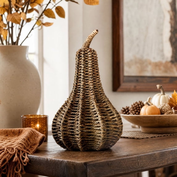 Resin Gourd Figurine for Fall Harvest Thanksgiving Home Decor, Rustic Braided Jute Texture Farmhouse Squash Sculpture, Tabletop Centerpiece Mantel Shelf Decoration 7.09 Inch
