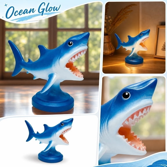 Resin Great White Shark Led Decor Light, Ocean Decorations, Nightstand Light, Small Battery Operated Lamp, 6X5X3 Inch Novelty Shark Statue Tabletop Lighting for Bedroom, Nursery,