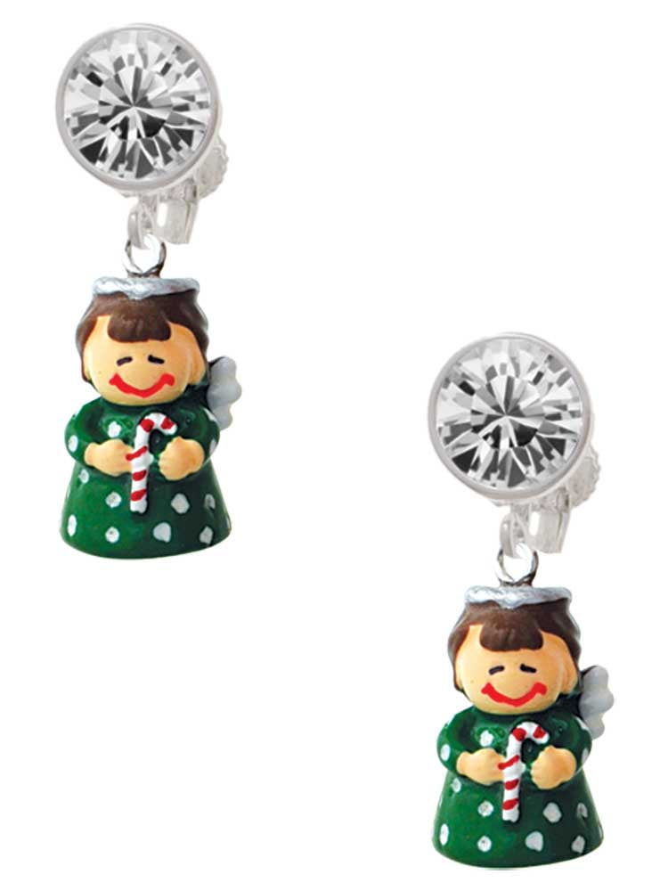 Resin Green Angel Holding Candy Cane Clear Crystal Clip On Earrings