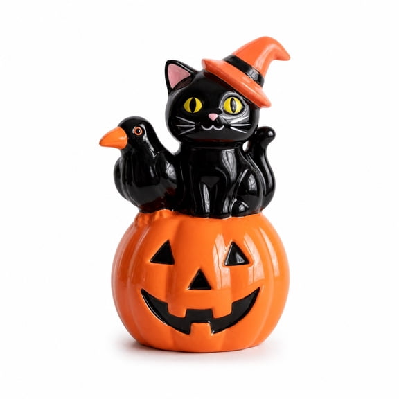 Resin Halloween Black Cat Pumpkin Lantern Decoration for Party Stage Decor 1 Count