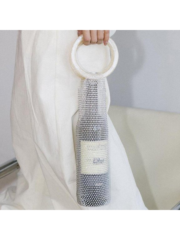 Resin Handle Wine Bag Carrier for Champagne Bottles, Expandable Mesh Tote with Marble Grip, Elegant Gift for Wedding Bride Bridal Shower Engagement Anniversary, White & Brown, 750ml