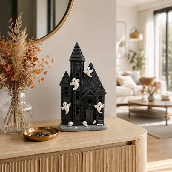 Resin Haunted House Table Figurine, Halloween Black Spooky Ghost Skull Castle Statue Decor, Mini Ghost House Centerpiece for Mantel Dining Table Indoor Holiday Dispaly