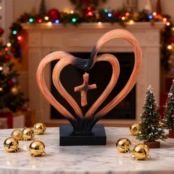 Resin Heart Cross Sculpture | Modern Faith and Romance Decor | Intertwined Symbols Tabletop Ornament for Home Office Religious Decoration