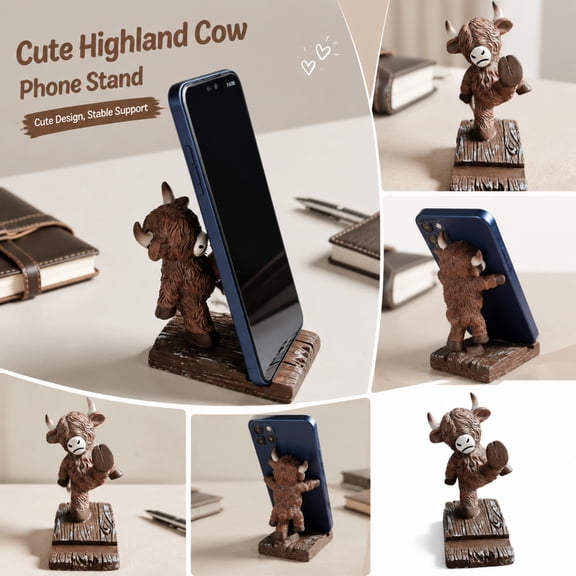 Resin Highland Cow Phone Holder, Cow Decorations for Home, Rustic Farmhouse Decor, Desktop Decor, 4.5X3.5X3 Inch Cute Figurine Home Accent Lazy Stand for Mobile Phones
