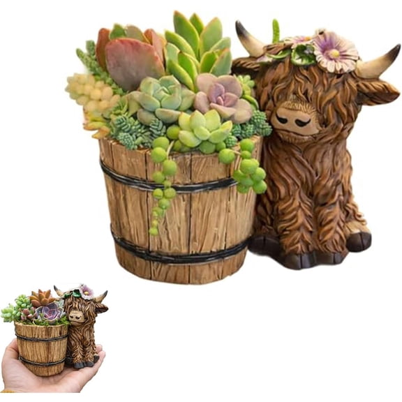 Resin Highland Cow Plant Pots for Succulents & Cacti, Rustic Animal Barrel Planter for Indoor Outdoor Patio, Cute Desk Decoration