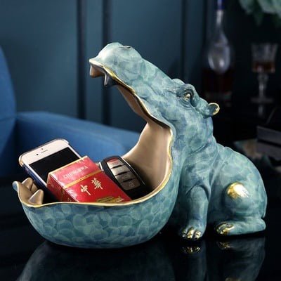 Resin Hippo Statue Hippopotamus Sculpture Figurine Key Candy Container Decoration Home Table Decoration Accessories