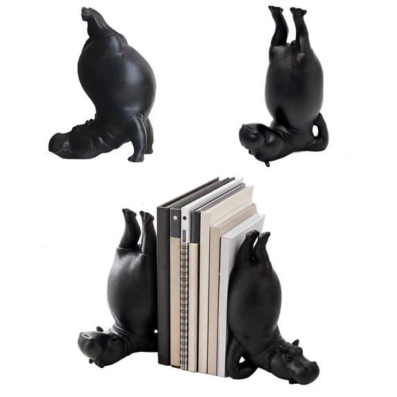 Resin Hippopotamus Bookends Set - 1Set Black Yoga Animal Handstand Desktop Shelf Decor Home Gift