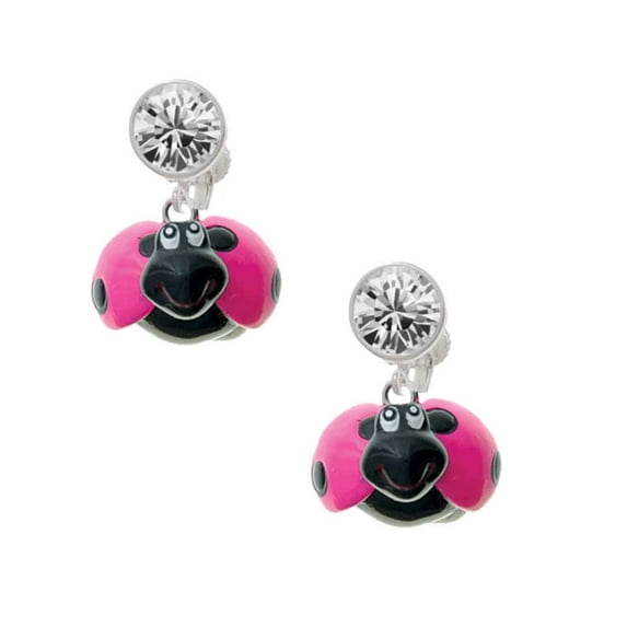 Resin Hot Pink & Black Ladybug Sweetie Clear Crystal Clip On Earrings