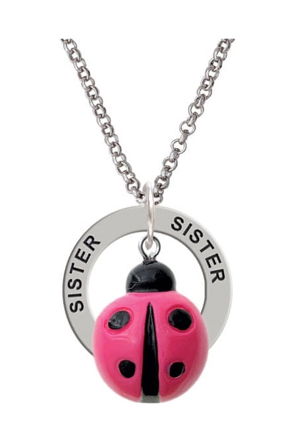 Resin Hot Pink Ladybug Love Bug Sister Affirmation Ring Necklace