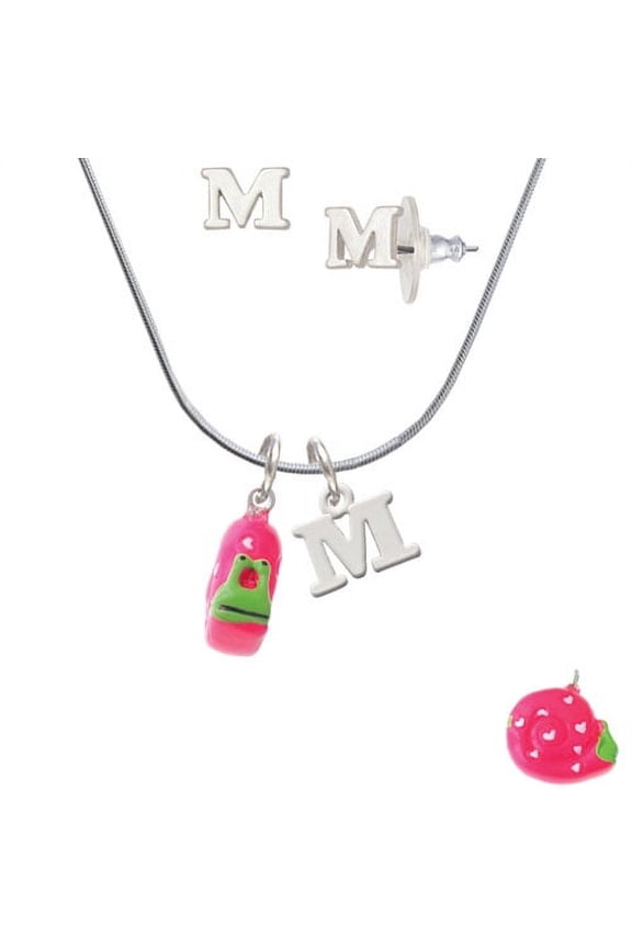 Resin Hot Pink Love Snail - M Initial Charm Necklace and Stud Earrings Jewelry Set