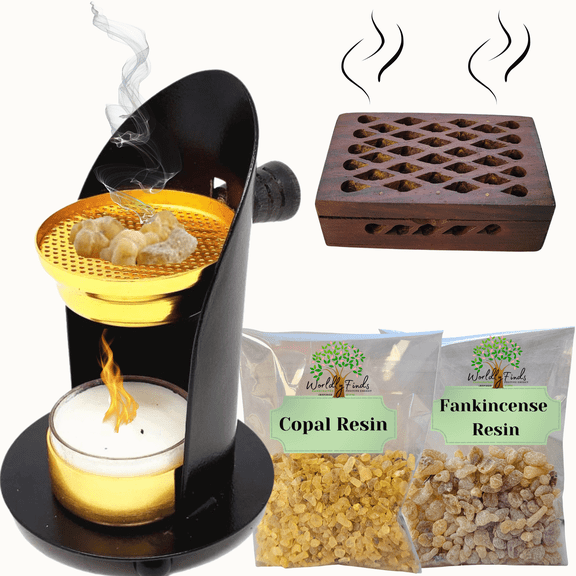 Resin Incense Burner Set Adjustable, Convenient Charcoal Free Burner, Diffuser, & 100% Pure Copal & Frankincense Resin