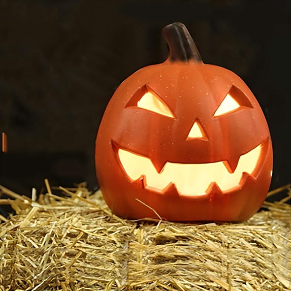 Resin Jack O Lantern Pumpkin Figurine, Spooky Carved Face Halloween Pumpkin Statue, Indoor Tabletop Mantel Decor, Ornament for Haunted House Halloween Party Home Accent