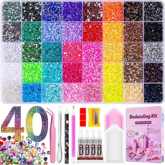 Resin Jelly Bedazzler Kit, 32000PCS 40-Color Rhinestones for Crafts, Complete Diamond Art & DIY Bedazzling Kit with Glue, Pickup Pen, Tweezers for Nail Art, Makeup, Tumblers, Clothes & Home Decor