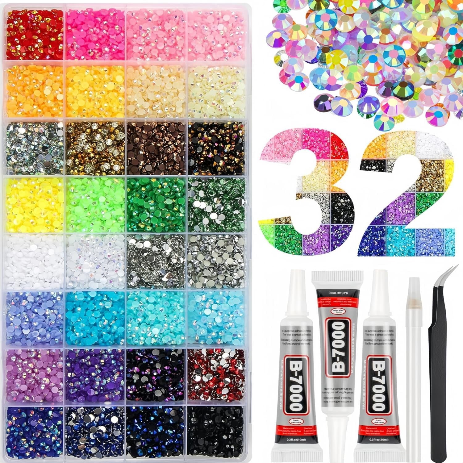 Resin Jelly Rhinestones for Bedazzling,Multicolor 3mm Flatback Gems for Diamond Art,Crystal Bedazzler Kit with 3Pcs 10ml B7000 Jewelry Glue for Nail Art Crafting Clothing Book Makeup (32 Color)