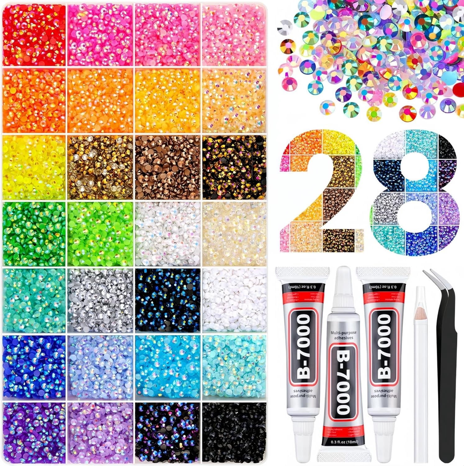 Resin Jelly Rhinestones for Bedazzling,Multicolor 3mm Flatback Gems for Diamond Art,Crystal Bedazzler Kit with 3Pcs 10ml B7000 Jewelry Glue for Nail Art Crafting Clothing Book Makeup (28 Color)