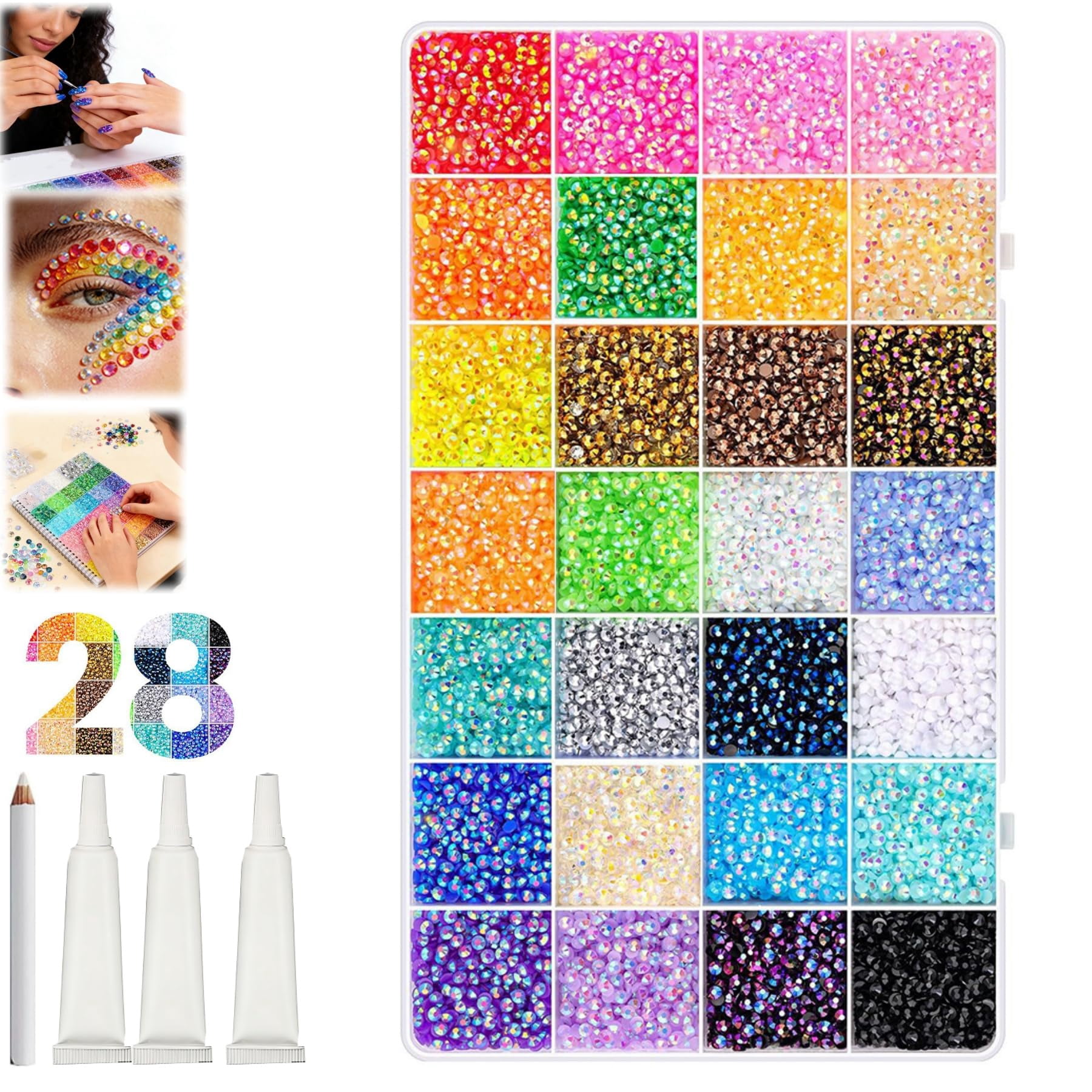 Resin Jelly Rhinestones for Bedazzling, Multicolor 3mm Flatback Rainbow Gems 3mm Rainbow Colorful Jelly Rhinestones Gems Bedazzling Bedazzed Kit, Multi Colored Gemstones Flatback Bedazzler（28，30000）