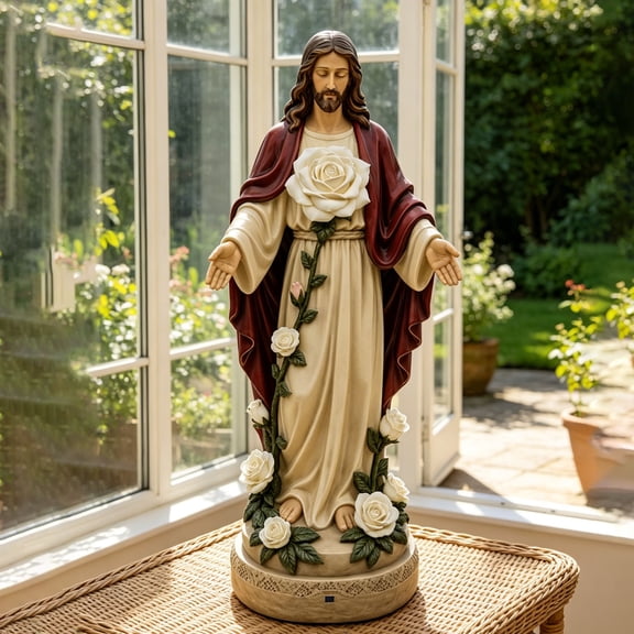 Resin Jesus LED Light Figurine with Golden Glowing Roses, Exquisite Religious Catholic Decor Statue, Inspirational Spiritual Gift for Home Altar & Religious Believers