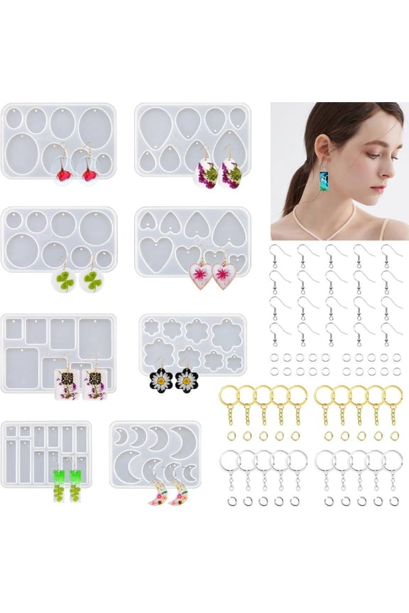 Resin Jewelry Molds, 128 PCS Multiple UV Resin Earring Mold with Holes, Basic Epoxy Keychain Kits Bundle Complete Set, Necklace Pendant Moldes