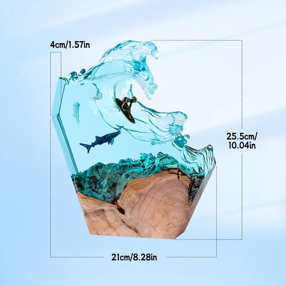 Resin LED Ocean Surfing Night Lights,Handmade Wooden Epoxy Resin Bedside Table Lamp,3D Art Ornaments Office Bedroom Room Party Decor for Surfer Men Women Boys Girls (10-inch Surfing)