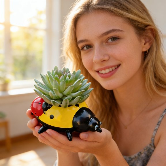 Resin Ladybug Flower Pot Ornament Decorative Seven Spotted Insect Statue for Garden Lawn Outdoor Potted Plants Yard Art and Spring Landscape Aesthetic