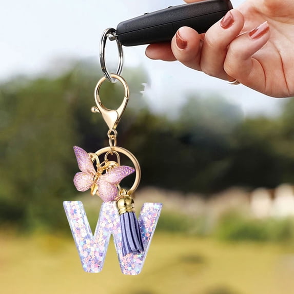 Resin Letter Keychain Pendant, Purple Butterfly Tassel for Women's Bag and Backpack