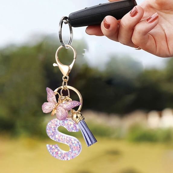 Resin Letter Keychain Pendant, Purple Butterfly Tassel for Women's Bag and Backpack