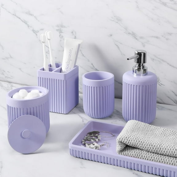 Resin Light Purple Bathroom Accessories Set 5 Pcs, Lotion Soap Dispenser, Toothbrush Holder, Bathroom Tumbler, Qtip Holder and Vanity Tray, Bathroom Countertop Organizer Set for Home Apartment