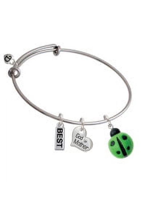 Resin Lime Green Ladybug Love Bug God Mother Heart Expandable Bangle Bracelet