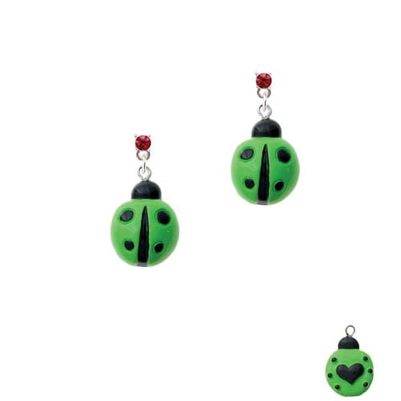 Resin Lime Green Ladybug Love Bug - Maroon Crystal Post Earrings