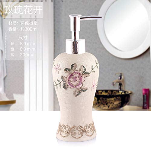 Resin Lotion Soap Dispenser with Pump for Bathroom Farmhouse Kitchen Office, Vintage White Pink Floral Refillable Empty Decorative Liquid Bottle