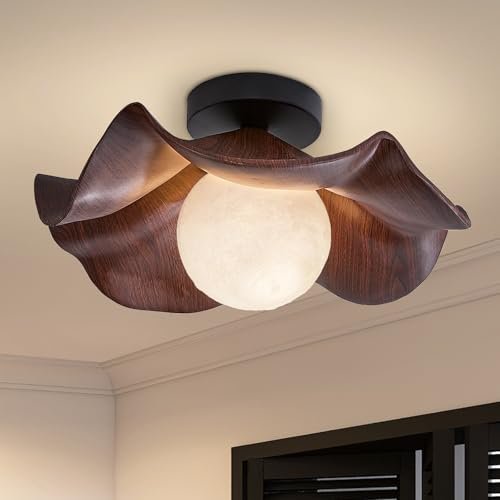 Resin Lotus Leaf Flower Ceiling Lighting,Vitage semi Flush Mount Ceiling Light, 15in LED Farmhouse Ceiling Light Fixtures for Kitchen, Bedroom, Balcony, Living Room (Walnut Color)