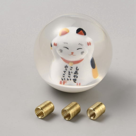 Resin Lucky Cat Car Shift Knob Ball Replacement with Brass Findings Round White 74.5x74mm Inner Diameter: 11mm