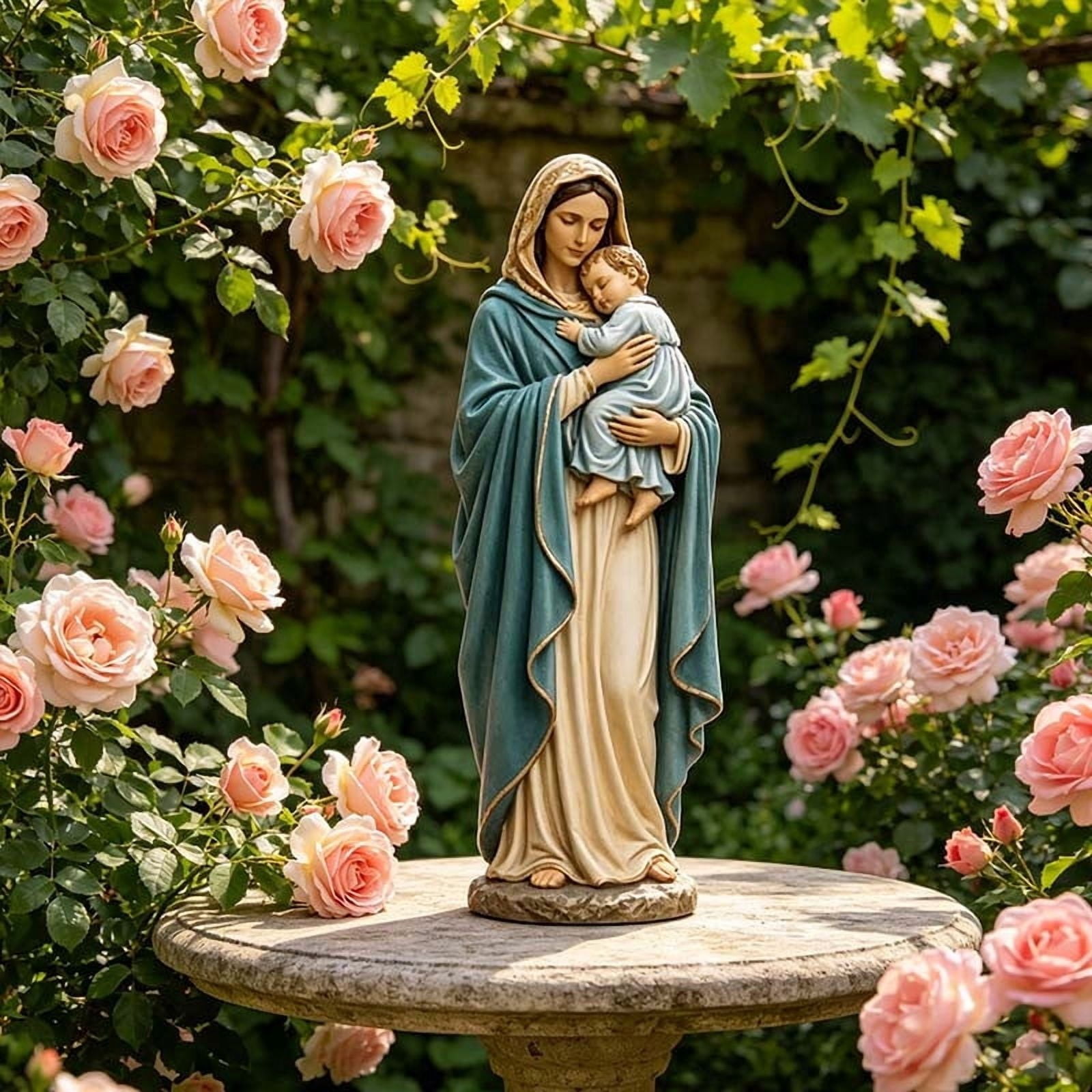Resin Madonna and Child Statue, Blessed Mary with Baby Jesus Figurine, White Religious Decor for Home Altar Garden and Church Tabletop Display