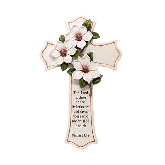 Resin Magnolia Floral Wall Cross, Rustic Farmhouse Christian Home Decor
