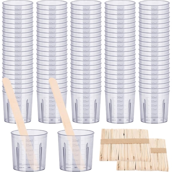 Resin Measuring Cups and Sticks, 200PCS Disposable Mixing Cups Set - 100PCS 30ml Graduated Measuring Cups and 100PCS Wooden Stir Sticks for Epoxy Resin, Glue, Paint Pouring